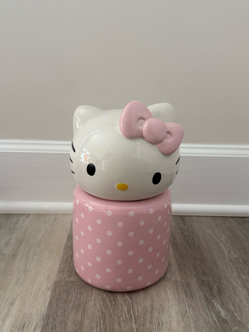 Hello Kitty Pink Polka Dot Ceramic Cookie Jar Handmade
